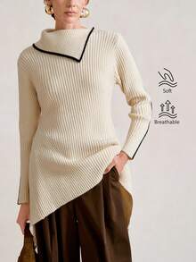 SHEIN Stylify 女式不对称领合身优雅针织套头衫，百搭秋冬装 - 米色 - 查看 3