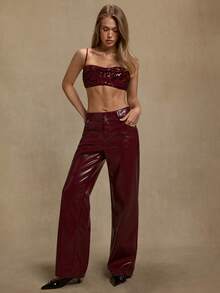 SHEIN BAE 女士细肩带时尚短款性感优雅亮片吊带背心 - 酒紅色 - 查看 4