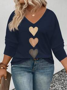 EMERY ROSE Women's V-Neck Gradient Heart Print Casual Long Sleeve T-Shirt, Versatile, Autumn/Winter New Arrival - Navy Blue - View 5
