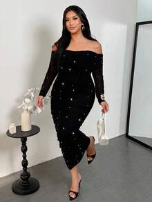 Firerie Plus Size Women's Elegant Black Off-Shoulder Pearl Decor Ruched Fitted Slimming Romantic Party Date Maxi Dress, Valentine's Day/New Year Wedding Dress For Women - Black - View 6