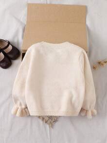 SHEIN Playful Pals 女童复古手工钩编厚针织套头衫，杏黄色，圆领，长袖，秋冬，时尚优雅的荷叶边袖口和下摆细节 - 杏色 - 查看 2
