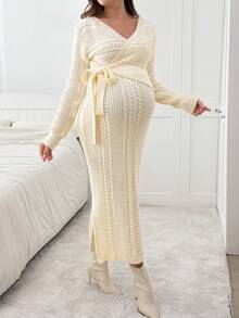 SHEIN 孕妇纯色裹身长袖落肩休闲系腰针织连衣裙 - 杏色 - 查看 6