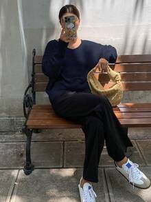 DAZY 女式纯色宽松V领长袖毛衣 - 藏蓝色 - 查看 3