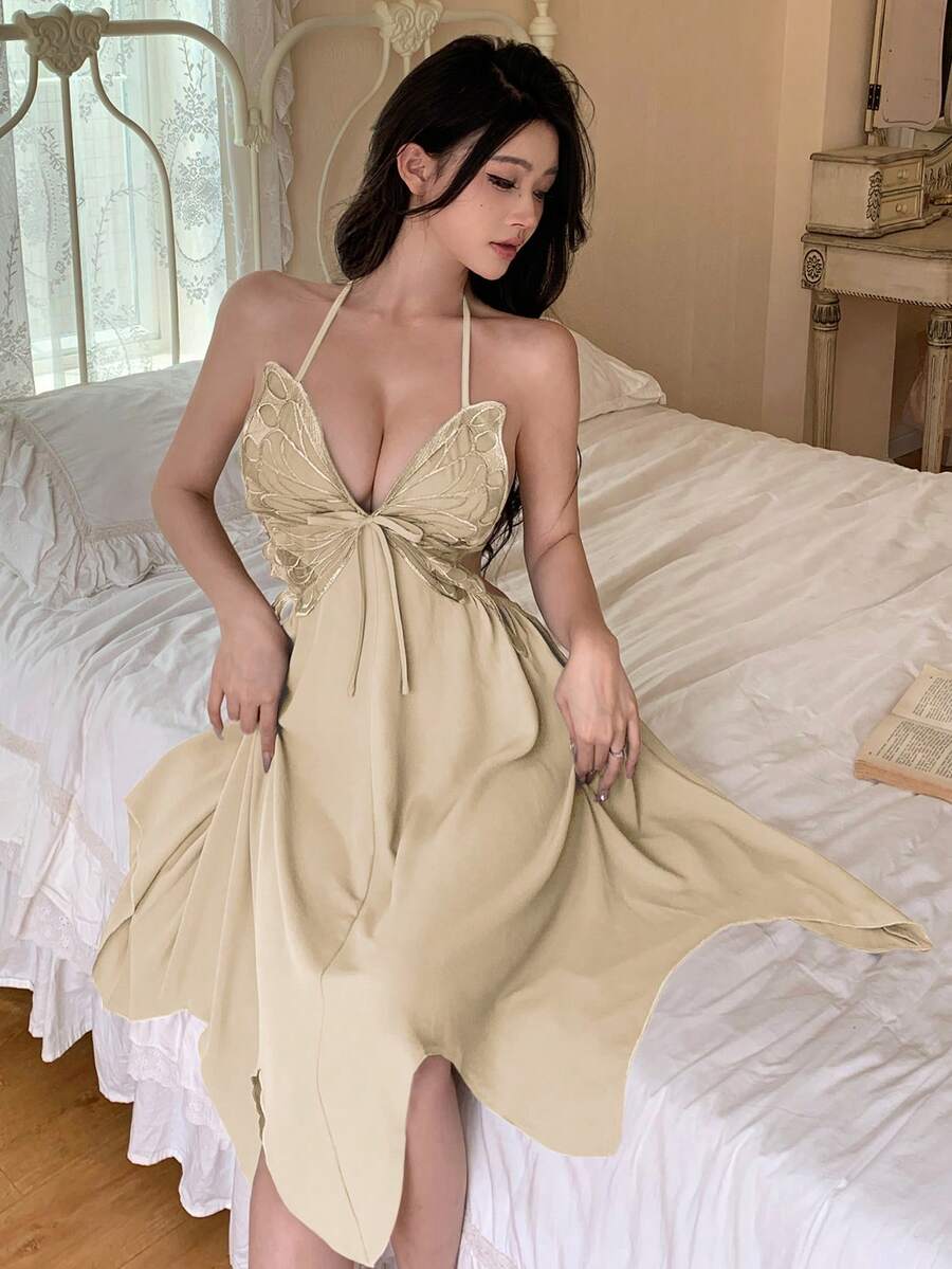 DAZY 女士蝴蝶刺绣露背吊带性感睡袍 - 杏色 - 查看 1