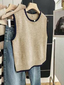 Franclia Casual Loose Crew Neck Sleeveless Knit Contrast Trim Khaki Sweater Top For Women, Spring/Autumn - Apricot - View 4
