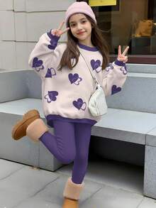 Set de 2 piezas de sudadera con cuello redondo y leggings con estampado de corazón casual y de moda para niñas preadolescentes, adecuado para otoño/invierno
