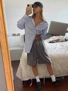 Livesso Striped Loose Long Sleeve Button Down Boyfriend Shirt For Women Summer,Back To School Clothes - Navy Blue - View 7