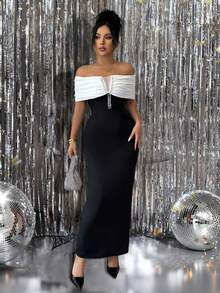 Rafferiza Elegantes Partykleid für Damen in Schwarz & Weiß und Einsätzen, Off-Shoulder - Schwarz und Weiss - Übersicht 1