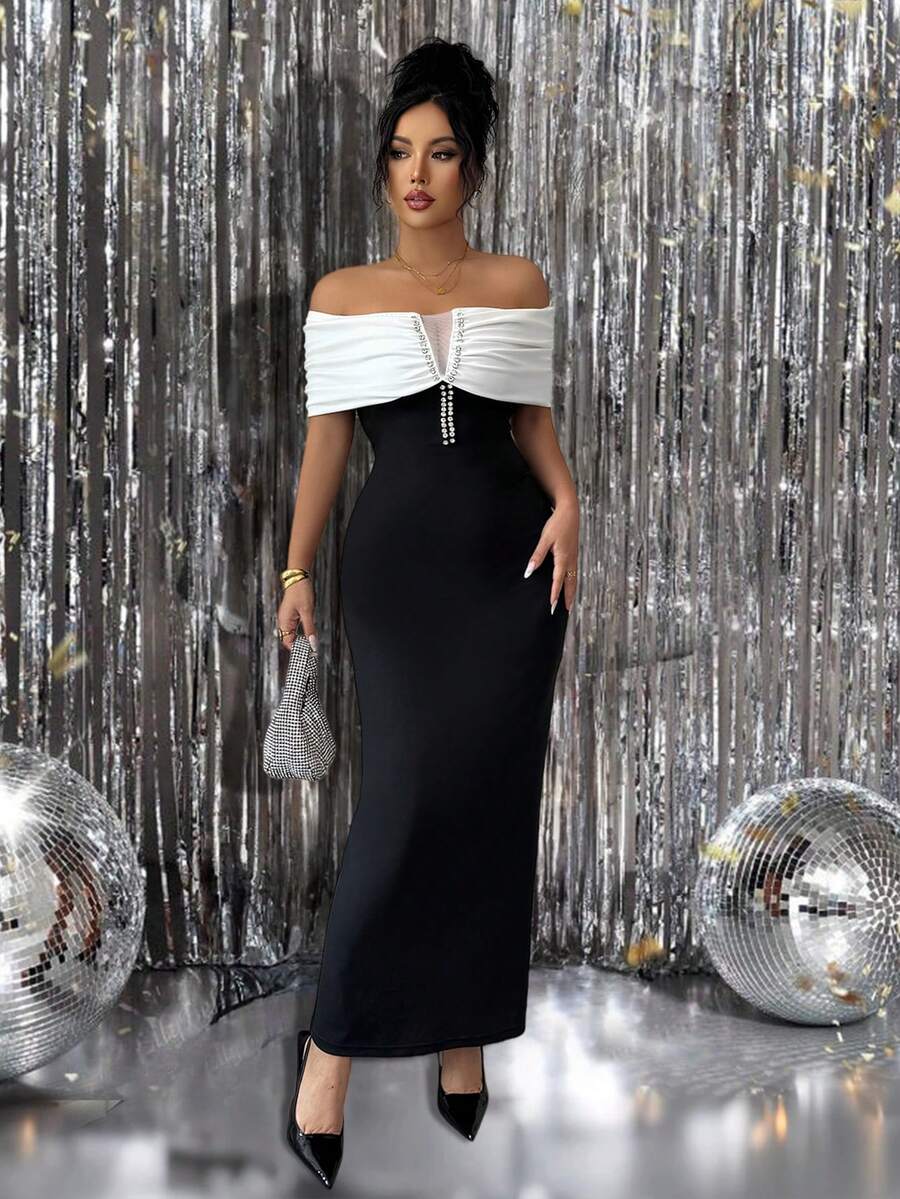 Rafferiza Elegantes Partykleid für Damen in Schwarz & Weiß und Einsätzen, Off-Shoulder - Schwarz und Weiss - Übersicht 1