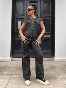 Jeanoix YK2 时尚派对风格宽肩开衫纽扣连体裤 - 黑色 - 查看 5