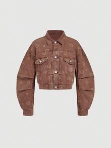 Selenza Women's Drop Shoulder Long Sleeve Front Button Pleated Floral Print Denim Jacket - Brown - View 1