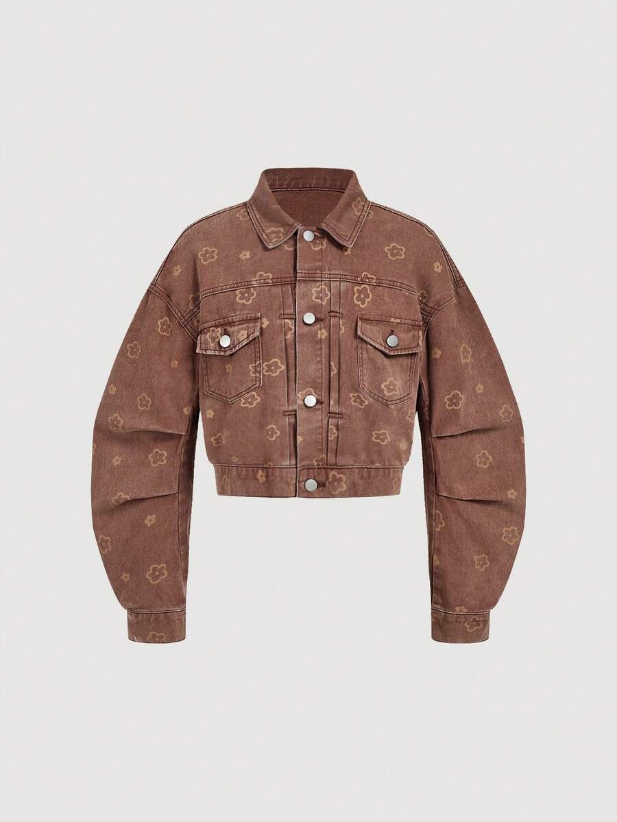 Selenza Women's Drop Shoulder Long Sleeve Front Button Pleated Floral Print Denim Jacket - Brown - View 1