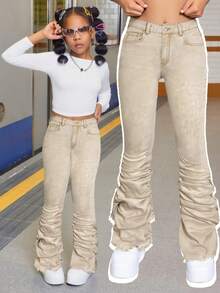 SHEIN Tween Girls Fashion Casual Y2k Vintage Cool Street Returns To School College Crinkled Cuffs Khaki Denim Stretch Skinny Jeans For Tween Girl Clothes Tween Girls Soft Dailywear And Tween Girl Winter And Fall Rave Outfits Festival And Outfits Streetwear Clothes Khaki Jeans For Girls Bell Bottom Pants Girls - Khaki - View 1