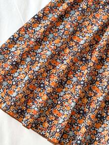 2 件套青少年女孩休闲 PU 皮革吊带背心和印花荷叶边长袖连衣裙，中式领，优雅日常装扮，春秋季 - 咖啡棕 - 查看 8