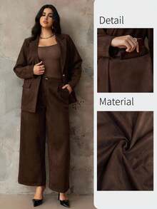 Roveilla Women's 2 Pieces Suit, Deer Velvet Blazer With Lapel, Front Button, Pockets, Long Sleeve, Paired With Loose Wide-Leg Pants, Elegant Office/Casual/Street Style, Autumn/Winter - Chocolate Brown - View 6