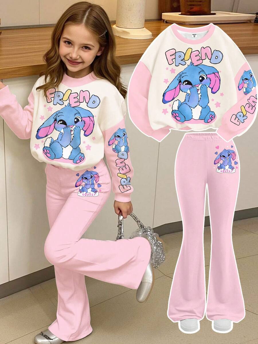SHEIN Leap Crew Kawaii Cartoon Blue Rabbit & Stitch Pattern, Pink Patchwork, Dopamine, Tween Girls Knit Crew Neck Loose Letter Graphic Sweatshirt And Flare Pants 2 Pieces Set - Multicolor - View 1