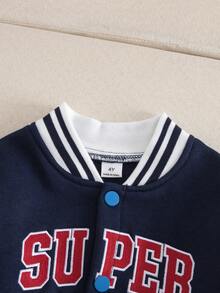 SHEIN Young Girls Fashionable Cool English Slogan Embroidered Fleece Contrast Color Sleeve Faux Pocket Stand Collar Bomber Jacket, Autumn/Winter - Multicolor - View 3