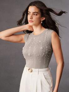 Anewsta Elegant Beaded Sleeveless Knit Camisole, Slim Fit Versatile Undershirt - Light Grey - View 4