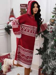 EMERY ROSE Plus-Size Women's Dress, Solid-Color Knitted With Diamond Ribbing, Casual & Elegant, Autumn & Winter Sweater Dress, Suitable For Christmas, Back-To-School, Vacation & OfficeChristmas Outfits Women's Winter Apparel