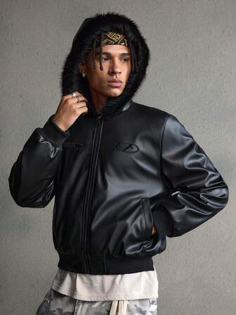 AXEPEAK Men's Fashionable Fur Collar Hooded Long Sleeve Jacket, Autumn/Winter