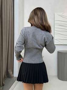 Jemour Gray Short Slim Front Button Solid Color Long Sleeve Simple Casual Knit Cardigan,Gray Sweater,Short Women's Sweater,Women's Sweaters,Knit Sweaters,Winter Women's Clothing,Fall Women's Clothing,FW24,Knitted Sweater - Grey - View 2