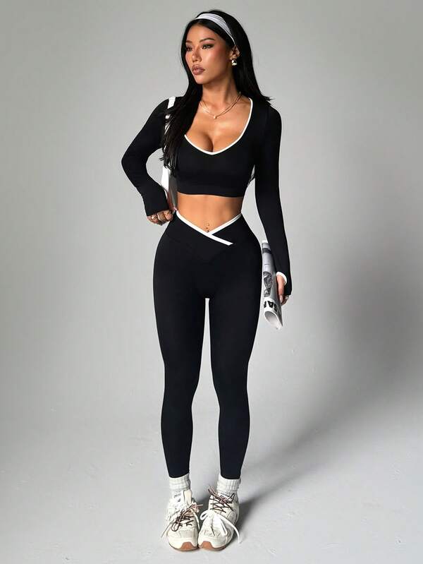 Dewbera Set de 2 piezas de ropa deportiva sin costuras de color contrastante para mujer