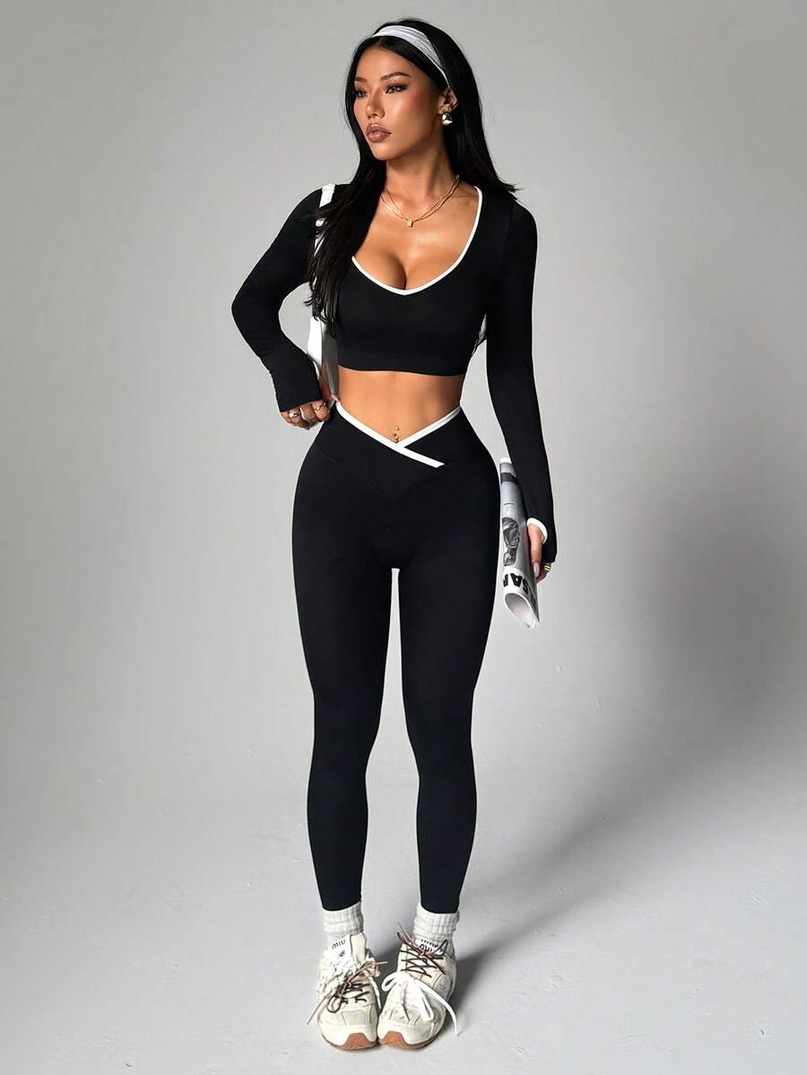 Dewbera Set de 2 piezas de ropa deportiva sin costuras de color contrastante para mujer, conjunto deportivo de dos piezas activo, conjunto de dos piezas de manga larga para entrenamiento, conjunto de leggings y top para entrenamiento, conjunto de curvas para actividades, conjunto de dos piezas para gimnasio - Negro - Ver 1