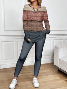 SHEIN LUNE 2pcs Women Autumn/Winter Outfit: Brown & Blue Faux Mechanical Striped Print Long Sleeve T-Shirt And Leggings, Suitable For Casual Wear