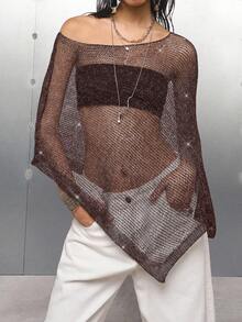 LYSMO 女士咖啡棕色纯色不对称领披肩领网纱透视衬衫，性感派对适合外出、街头服饰、Grunge摇滚和朋克时尚、Y2K和万圣节装扮，2025年秋季极简哥特风格 - 咖啡棕 - 查看 1