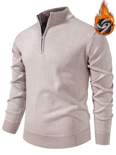 Manfinity Mode Men's Pullover Sweater, Solid Color Knitted Sweater With Thermal Lined, Autumn/Winter Quarter Zip, Long Sleeve Top