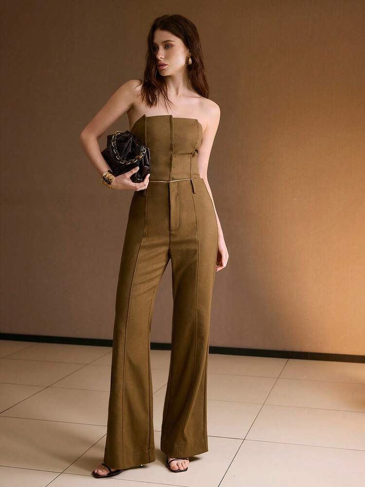 SOLID ZIP FLY SEAM FRONT FLARE LEG SUIT PANTS , FALL WINTER