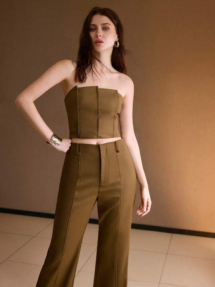 SOLID ZIP FLY SEAM FRONT FLARE LEG SUIT PANTS , FALL WINTER