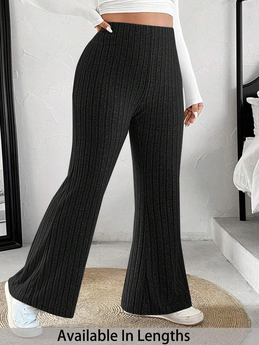 SHEIN Tall CURVE 女式加大码纯色开衩喇叭裤 - 黑色 - 查看 1