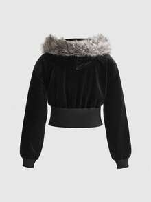 ROMWE Goth Áo nỉ đen cổ chữ thập phong cách Kpop cỡ lớn, áo khoác nỉ Kpop cỡ lớn dành cho nữ, áo khoác ngoài đen Kpop cỡ lớn dành cho nữ mùa thu/đông - màu đen - Xem 2