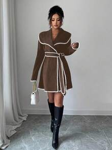 Elenzga Women's Fashionable Color Block Trim Jacket, Autumn/Winter - Brown - View 5