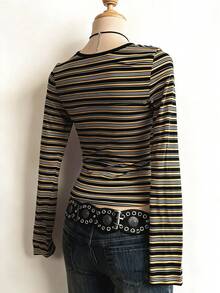 SHEIN 彩色条纹数码印花简约女式长袖圆领 T 恤，送给朋友的礼物 - 白色 - 查看 2