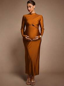 MaterniChic 优雅纯色镂空修身孕妇派对连衣裙 - 棕色 - 查看 3