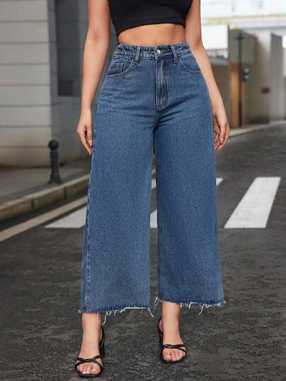SHEIN ICON Plus Size Women Elastic Waist Frayed Hem Straight Leg Jeans, Dark Blue