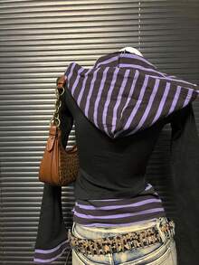 Rina Fox 新款女士黑色条纹拼布复古长袖T恤 - 黑色 - 查看 2