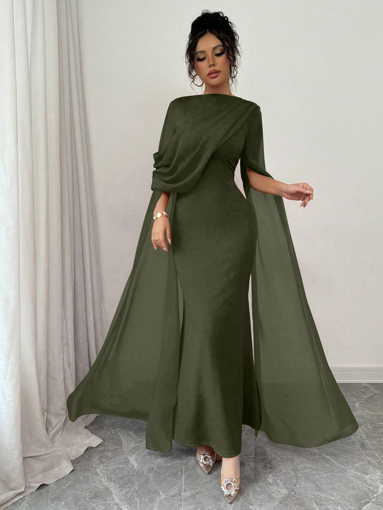 Rafferiza Petite فستان أنيق بخصر مجمع، كتف مائل، ك...