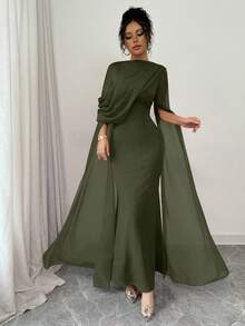 SHEIN PETITE 优雅收腰紧身斜肩褶饰透明飘逸袖开叉连衣裙，针织弹力红色女式礼服，适合秋冬正式派对场合