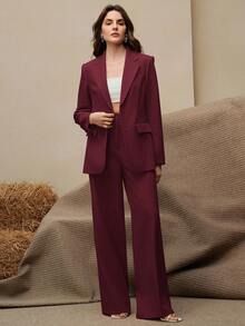 Anewsta 2 件套女士西装套装，复古风格西装外套 + 直筒裤，美拉德色 - 酒紅色 - 查看 3