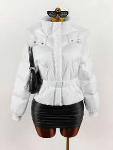 Amplova Women's White Winter Puffer Jacket With Belt,Elegant Casual Hooded Solid Color Long Sleeve Jacket For Thanksgiving,New Year Occasion Clothes - Multicolor - View 3