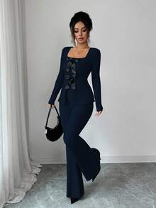Elenzga Women's Elegant Fluffy Ribbed Knit Bowknot Collar Long Sleeve Cinched Waist Top And Flare Pants 2 Pieces Set - Navy Blue - View 4