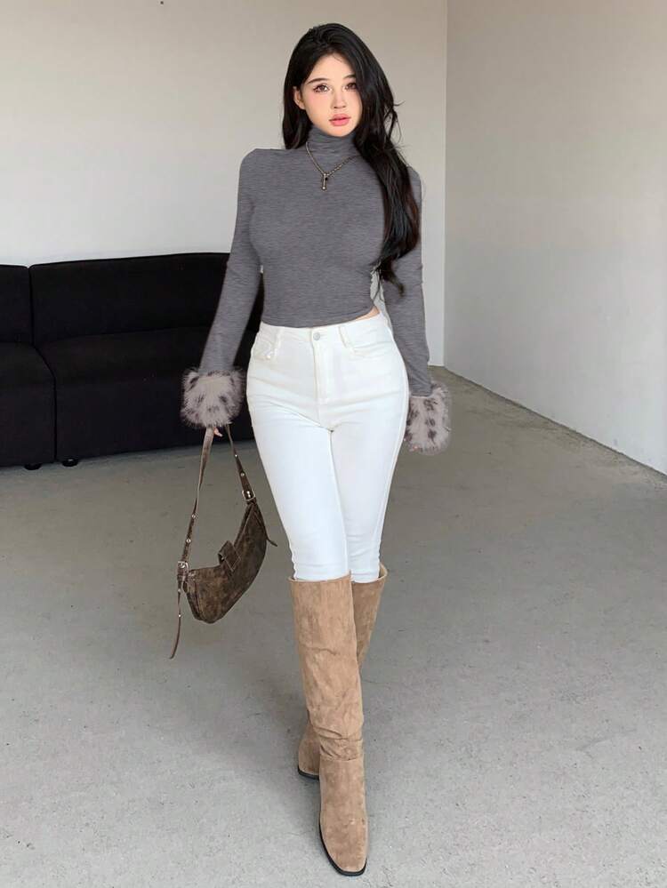 Women's Leopard Print Patchwork Turtleneck Long Sleeve Basic T-Shirt, Fitted Style, Autumn/Winter Y2k