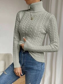 RosyDaze Áo len dệt kim xoắn cổ cao tay raglan trơn màu dành cho nữ - Xám - Xem 7
