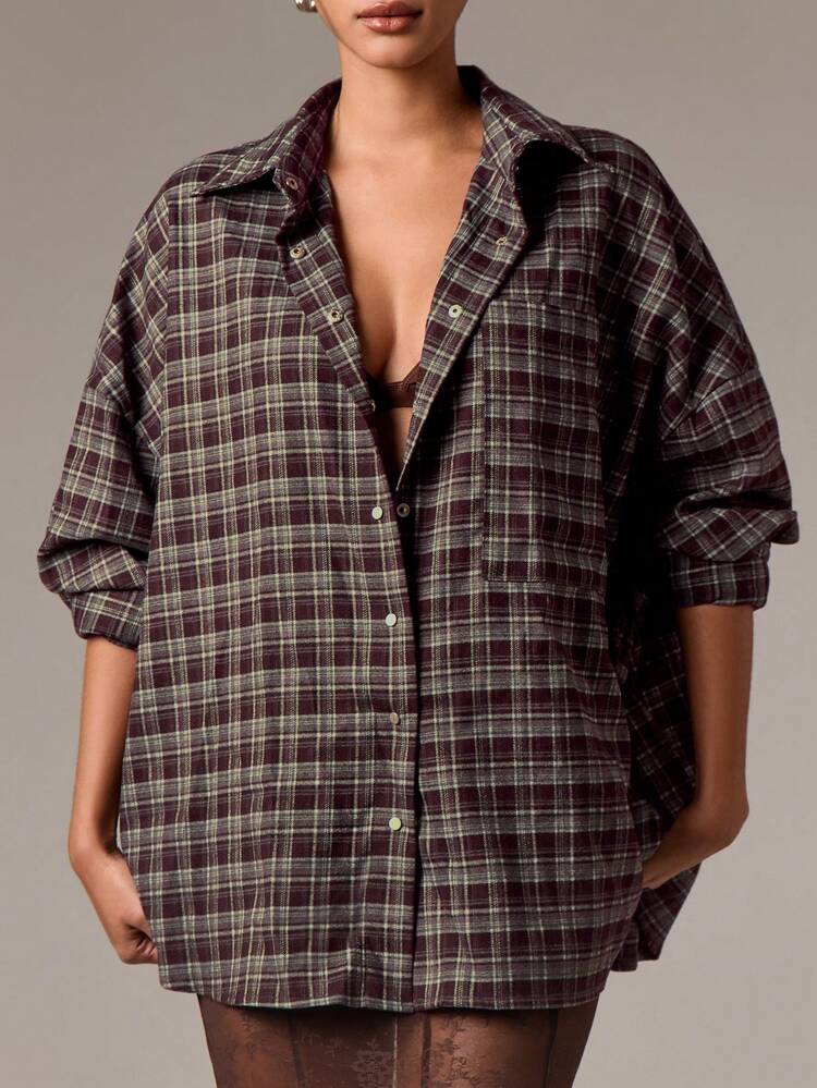 Oversized Plaid Button Down Shirt With Pocket