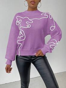 SHEIN LUNE 女士休闲3D图案针织毛衣，秋冬 - 淺灰紫 - 查看 6