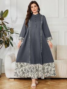 Lacomfia Váy dài tay rộng rãi in họa tiết chắp vá cỡ lớn, mùa xuân/thu - Nhiều màu - Xem 5