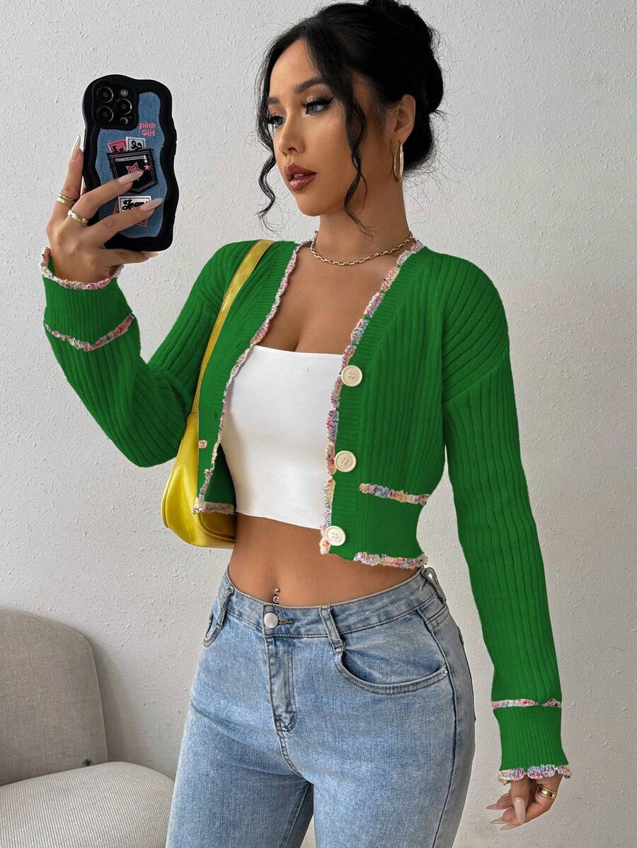 Chiquease Women's Elegant Autumn Contrast Trim Button Front Dropped Shoulder Ribbed Knit Cardigan - Dark Green - View 1